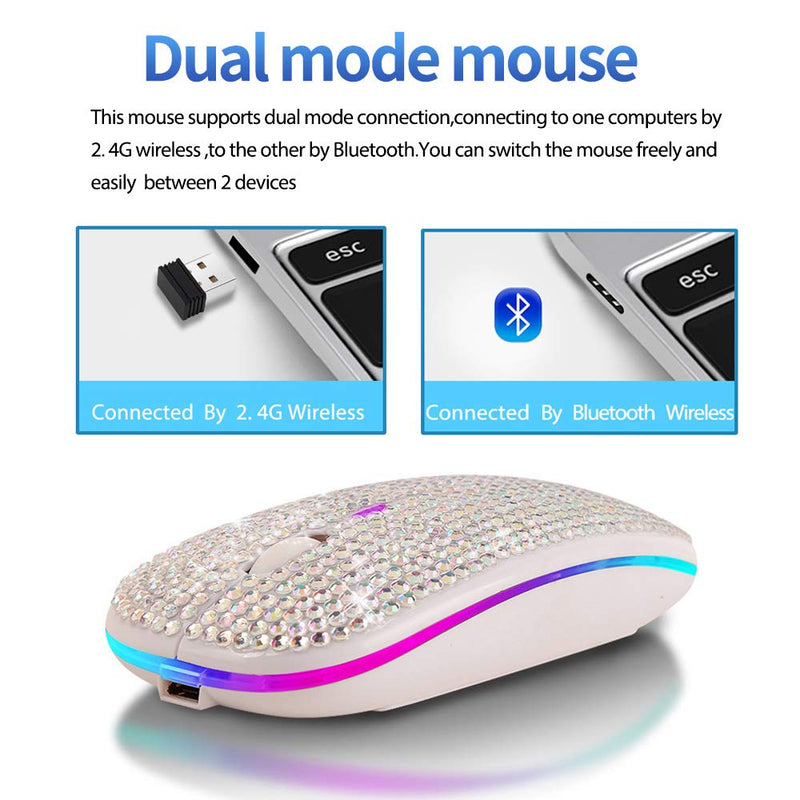 [Australia - AusPower] - Attoe Bluetooth Mouse,Bling Dazzling 2.4GHz Rechargeable Wireless Mouse Slim Mouse with USB Receiver,Compatible with Notebook,PC,Laptop,Computer,MacBook,Great Gift idea for Her (White) White 