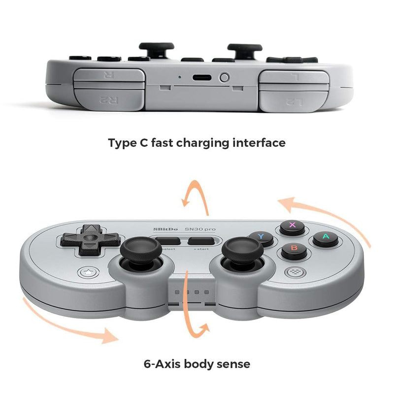 [Australia - AusPower] - 8Bitdo SN30 Pro Wireless Bluetooth Controller with Joysticks Rumble Vibration USB-C Cable Gamepad Compatible with Switch,Windows, Mac OS, Android, Steam (Gray Edition) 