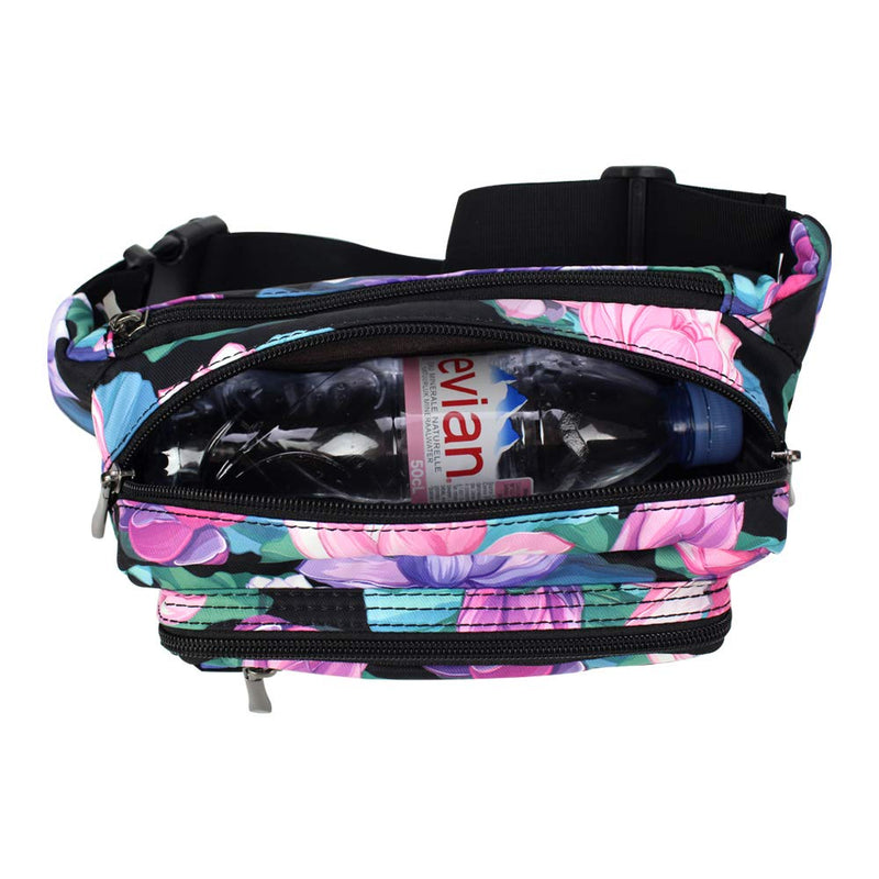 [Australia - AusPower] - Oxpecker Waist Pack Bag with Rain Cover, Waterproof Fanny Pack for Men&Women, Workout Traveling Casual Running Hiking Cycling, Hip Bum Bag with Adjustable Strap for Outdoors (Black Base Floral) Black Base Floral 