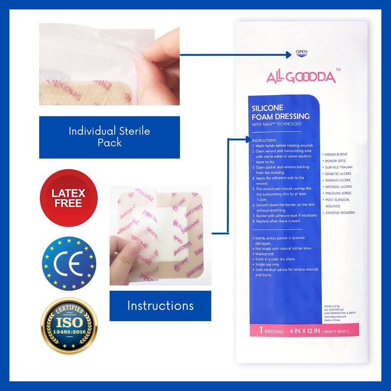 [Australia - AusPower] - ALL GOOODA Silicone Foam Dressing 4”x12”[10 Pack] Post-Op Gentle Adhesive Border for Surgical Wound Care, Incision, Sacrum, Pressure Sore, Diabetic Ulcer, Extra Long Large Wound Bandage 