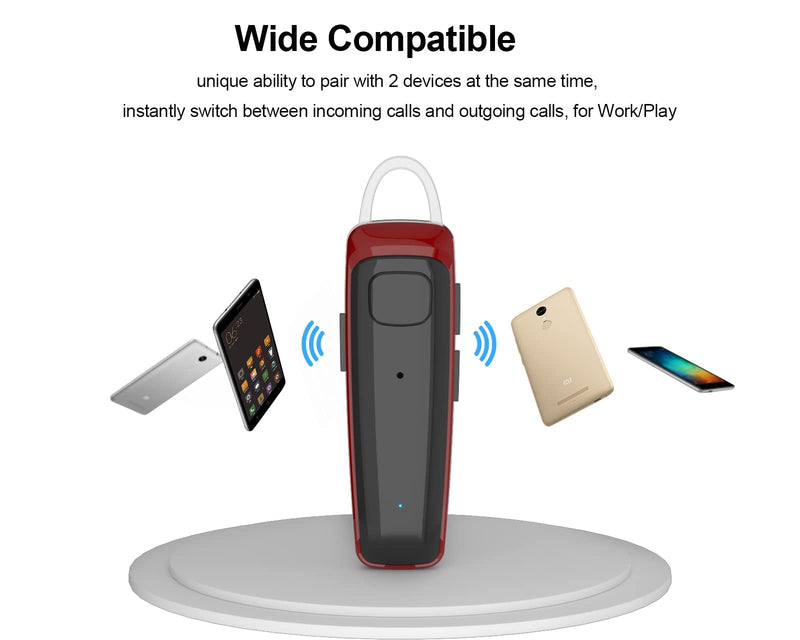 [Australia - AusPower] - ADADPU Bluetooth Headset - V5.0 Wireless Handsfree Earpiece Built-in Dual Mic Noise Cancelling, 10 Days Standby 16Hrs HD Talktime Ultralight Headset for iPhone Android Samsung Laptop(Red) 