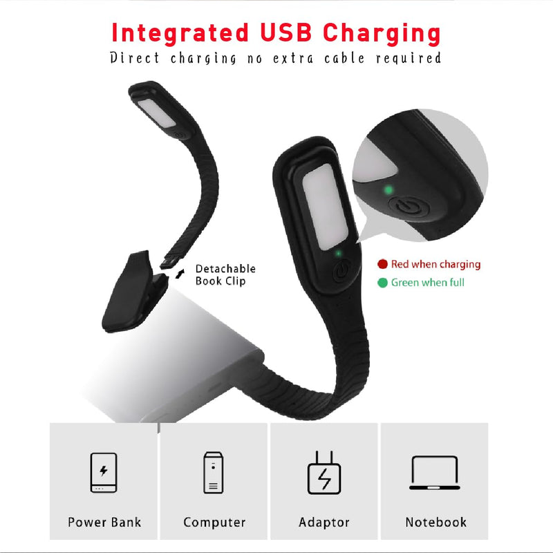[Australia - AusPower] - RADIXIUM Black LED Rechargeable Book Light for Reading in Bed with 3 Color Temperatures, Brightness for Eye Caring, Perfect for Book Lovers, Festival Gifts 