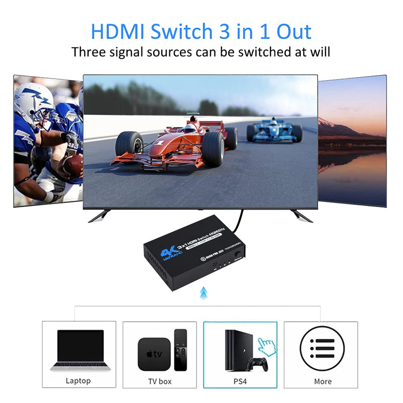 [Australia - AusPower] - HDMI Switch 4K@60Hz, 3 Port HDMI Switch 3 in 1 Out with IR Remote Control, Support 4K, 3D, 1080P, HDMI 1.4b, HDCP 2.2, Ultra HD for HDTV, PS4/5, Game Consoles etc 