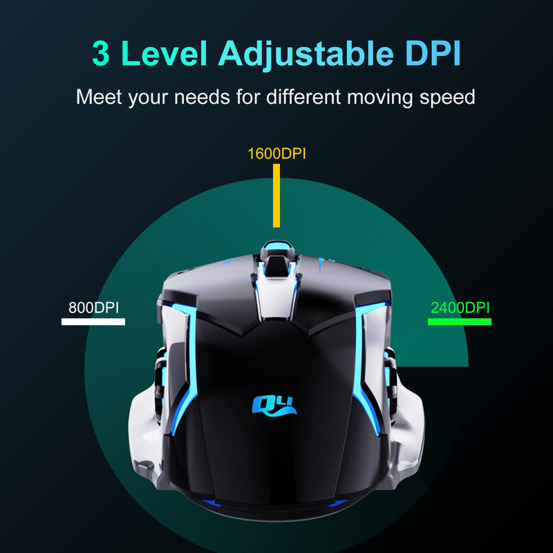 [Australia - AusPower] - QELIROKY QV13 New 2.4G Wireless Rechargeable Gaming Mouse Silent Click with 6 Buttons, 3 Adjustable Levels DPI , Colorful LED Lights for Laptop, iPad, MacOS, PC, Windows, Android (Black) 