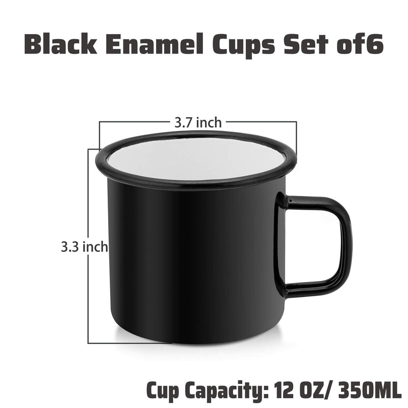 [Australia - AusPower] - P&P CHEF Enamel Camping Mugs Set of 6, 12oz Coffee Camp Small Enamel Tea Cups for Indoor and Outdoor Activities, Wide Handle & Smooth Rim,Portable & Durable, 350ml Black 