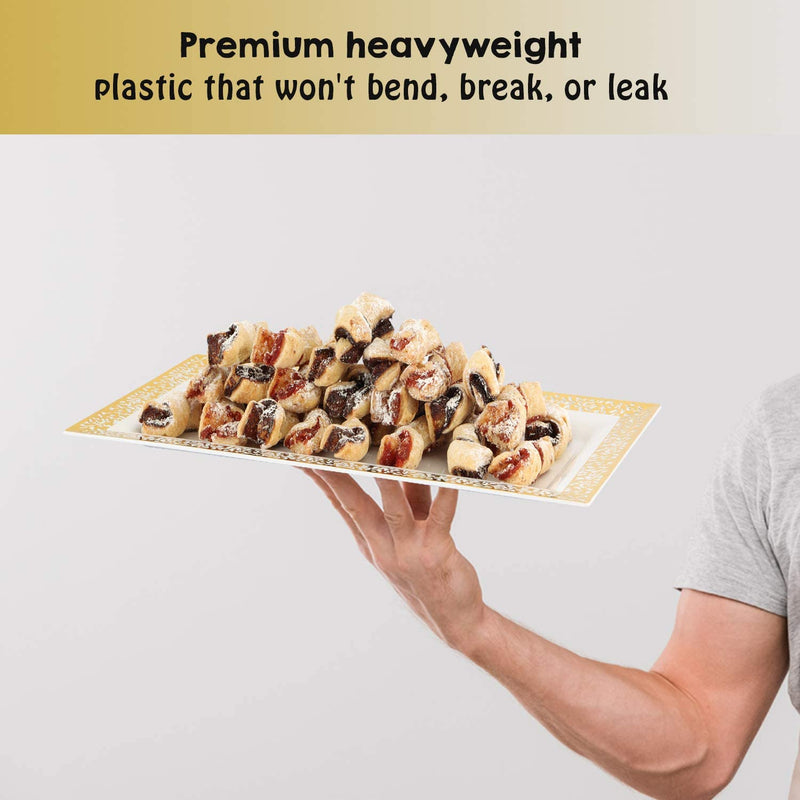 [Australia - AusPower] - Yumchikel-Decorative Plastic Serving Tray & Platter Set (4pk) - Gold & White Disposable Party Trays & Platters for Food - Weddings, Upscale Parties, Dessert Table, Cupcake display - 14x7.5 inches 