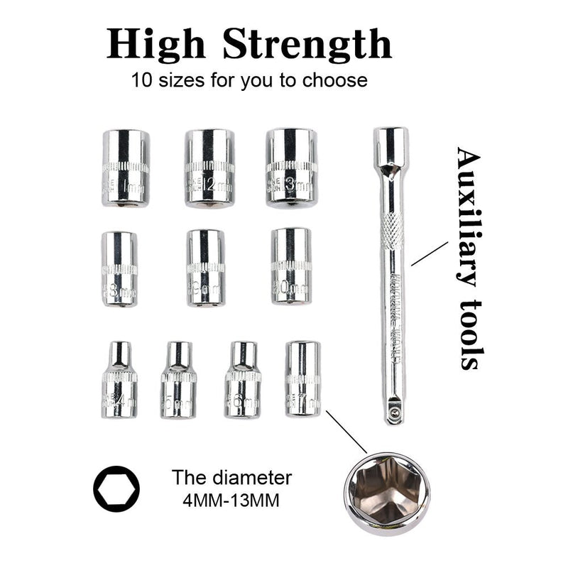 [Australia - AusPower] - Egofine 12pcs 1/4 Inch Ratchet Socket Wrench Set, Drive Socket Set with 10 Sockets 4-13mm and 2 Way Quick Released Ratchet Handle and Extension Bar 