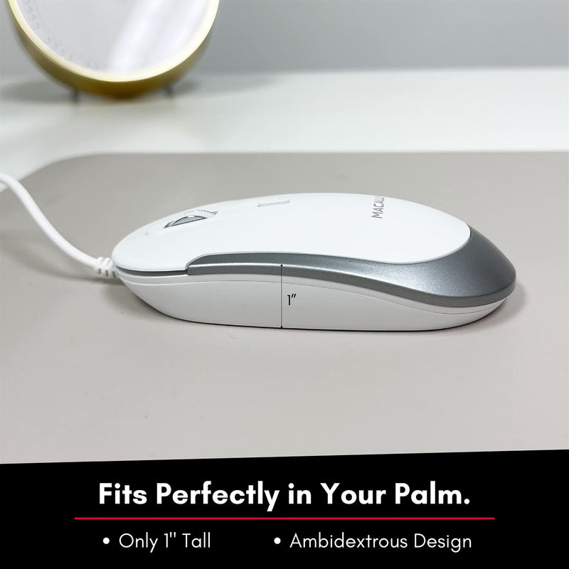 [Australia - AusPower] - Macally Silent Wired Mouse - Slim & Compact USB Mouse for Laptop/Desktop Windows PC or Apple Mac - Designed with Optical Sensor & DPI Switch - Simple & Comfortable Wired Computer Mouse (White) White with Silver Trim 