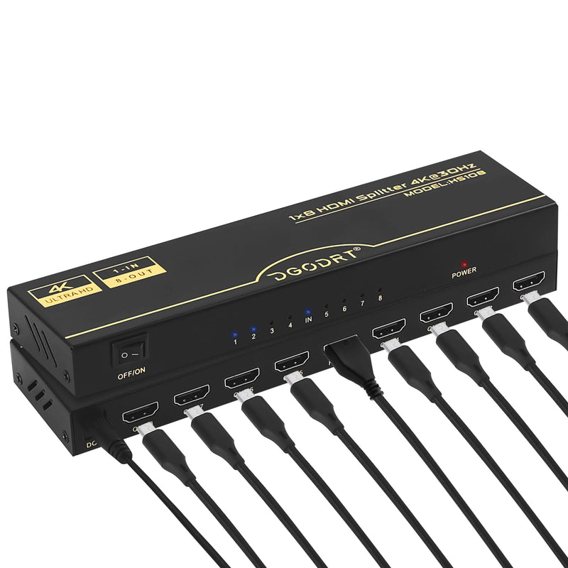 [Australia - AusPower] - DGODRT 4K 1x8 HDMI Splitter, 8 Port HDMI Splitter 1 in 8 Out Powered HDMI Video Splitter Support 4K@30Hz 3D HDCP1.4 Compatible with HDTV, STB, DVD, PS3/4, Projector 