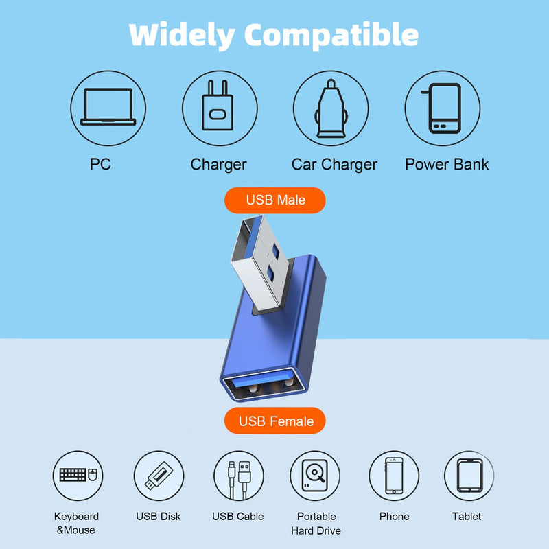 [Australia - AusPower] - AreMe 90 Degree USB 3.0 Adapter 2 Pack, Left and Right Angle USB A Male to Female Converter Extender for PC, Laptop, USB A Charger, Power Bank and More (Blue) Left/Right Blue 