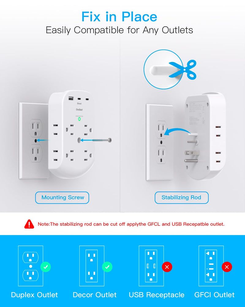 [Australia - AusPower] - Surge Protector Outlet Extender, 8 Multi Plug Outlet with 3 USB Wall Charger (2 USB C Port), 3 Sided Multi Plug Wall Outlet Splitter, Multiple Plug Adapter for Home Office Dorm Room 8AC 