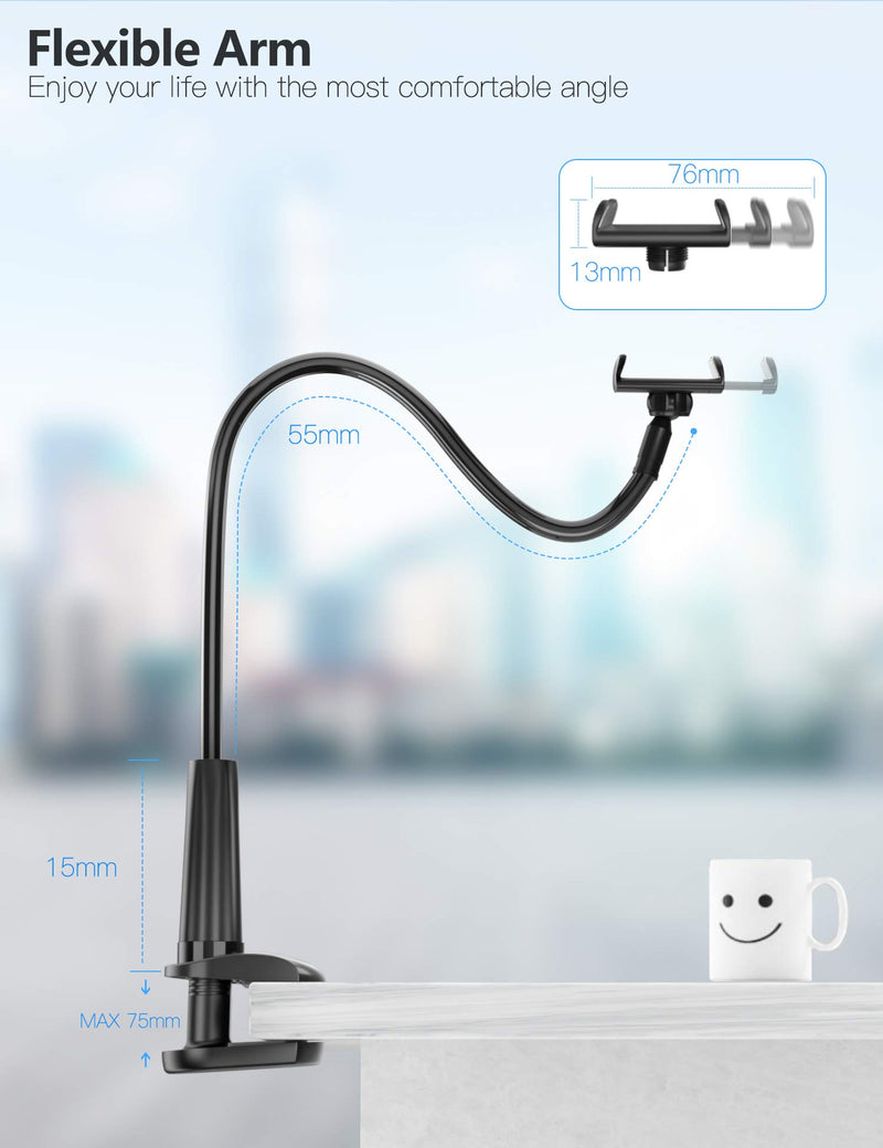 [Australia - AusPower] - Gooseneck Phone Holder Stand for Bed: Tryone Flexible Arm Adjustable Cell Phones Mount Clamp on Desk Compatible with iPhone 12 Pro 12 11 Pro Xs 8 7 6 | Samsung S21 or Other 4"-7" Devices Black 