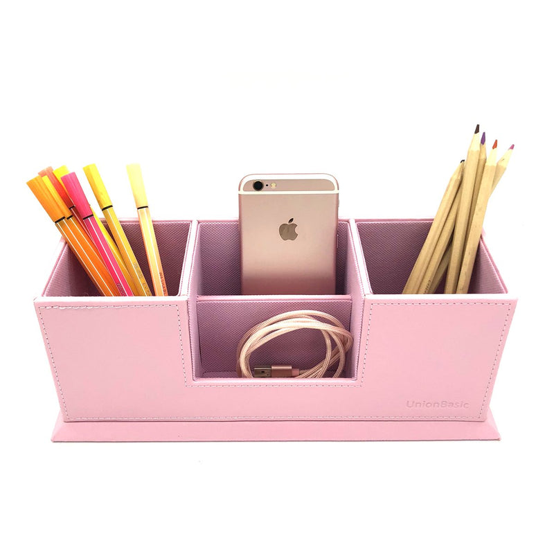 [Australia - AusPower] - UnionBasic 4 Compartment Desk Organizer - Dual Pen Holder - Card/Pen/Pencil/Mobile Phone Office Supplies Holder (Pink) Pink 