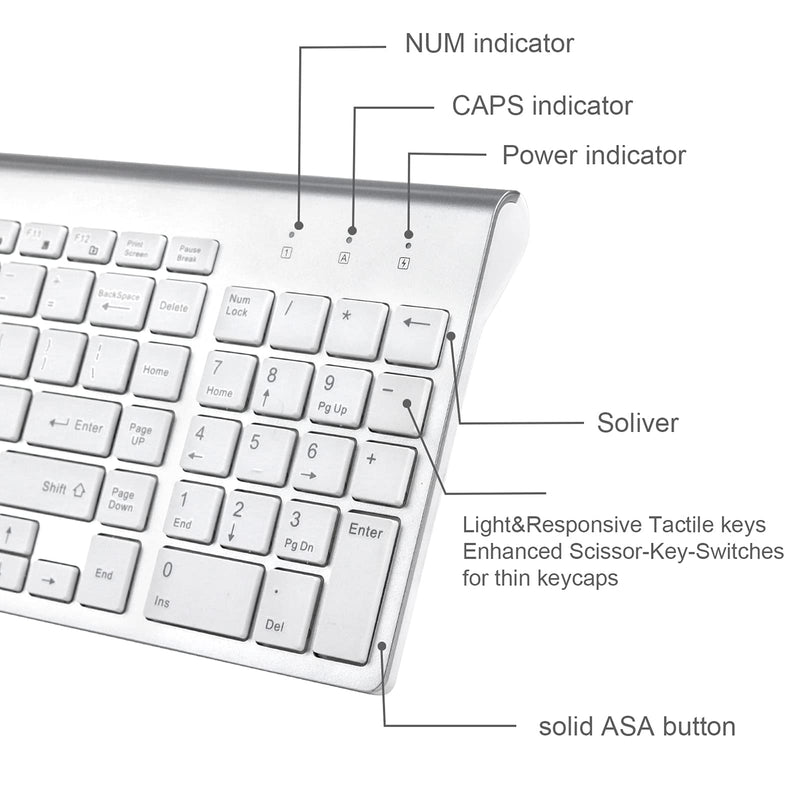 [Australia - AusPower] - Wireless Keyboard -USB Slim 2.4G Wireless Keyboard Full-Size Ergonomic Compact with Number Pad for Laptop Computer Windows PC mac- Silver White 