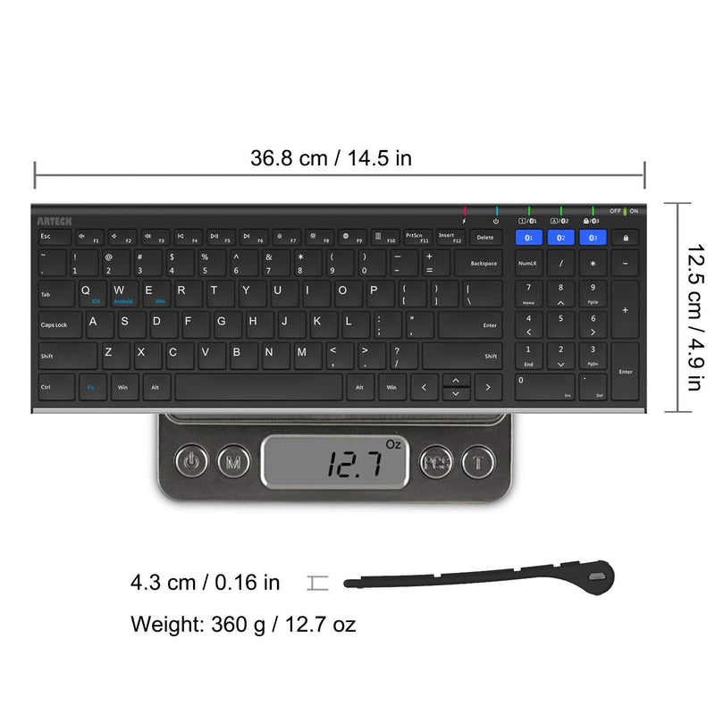 [Australia - AusPower] - Arteck HB193 Universal Bluetooth Keyboard Multi-Device Stainless Steel Full Size Wireless Keyboard for Windows, iOS, Android, Computer Desktop Laptop Surface Tablet Smartphone Rechargeable Battery 