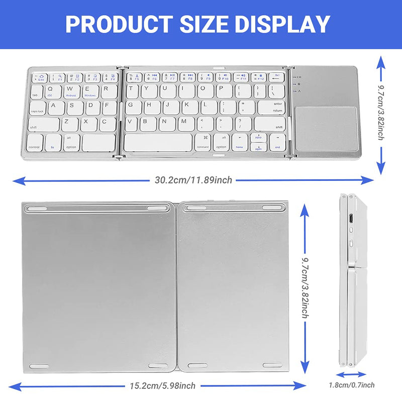 [Australia - AusPower] - Achort Foldable Bluetooth Keyboard, Tri- Folding Portable Wireless Keyboard with Touchpad, USB Rechargable BT Wireless Keyboard for Android, Windows System Laptop Tablet Smartphone (Sliver) Sliver 