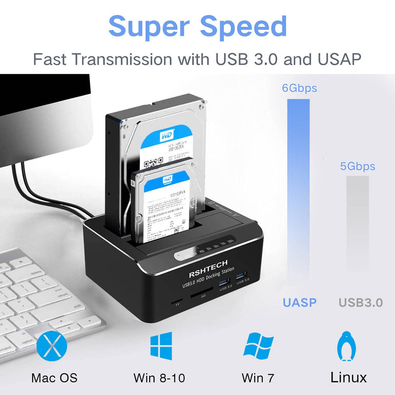 [Australia - AusPower] - Hard Drive Docking Station RSHTECH USB 3.0 Aluminum Dual Bay Hard Drive Dock for 2.5" & 3.5" SATA HDD SSD with SD TF Card Reader and Offline Clone/Duplicator Function Support 16TB Tool-Free 