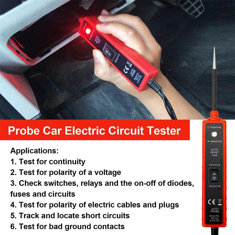 [Australia - AusPower] - BOHISEN Automotive Power Circuit Tester with 16Ft Test Lead 6-24V DC LED Light Tester Fuse Tester Electric Light Test Pen Light Electrical Diagnostic Tool Short Circuit Finder (Red) Red 