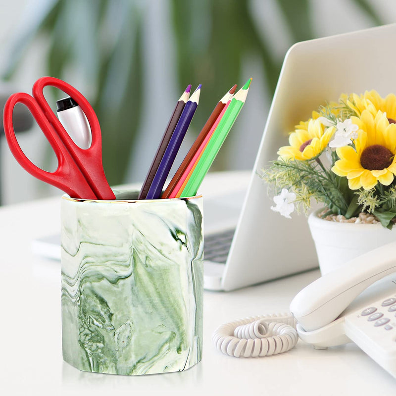 [Australia - AusPower] - Pen Holder, Decorative Ceramic Pencil Cup and Makeup Brush Stationery Accessories Desktop Organizer for Home School Office, Cute Marble Pattern Durable Large Capacity (Green) 
