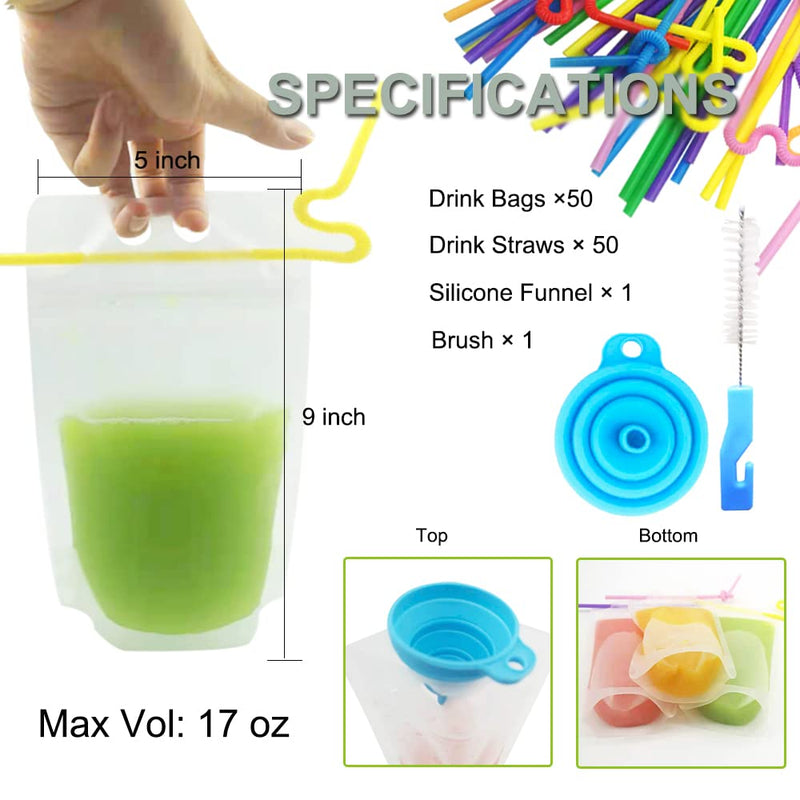 [Australia - AusPower] - MIUINCY 50Pcs Drink Pouches with Straw Stand-up Juice Pouches Bags with 50 Drink Straws, Reclosable Zipper Smoothie Bags for Cold & Hot Drinks with 1 Silicone Funnel & 1 Brush 