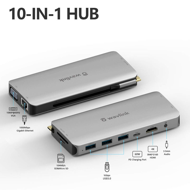 [Australia - AusPower] - USB C Hub,10-in-1 USB C Adapter with 4K HDMI, VGA, USB C Charging, 2 USB 3.0, SD/TF Card Reader, USB C to 3.5mm, Gigabit Ethernet, USB C Dock Compatible Apple MacBook Pro 13/15 10-in-1 