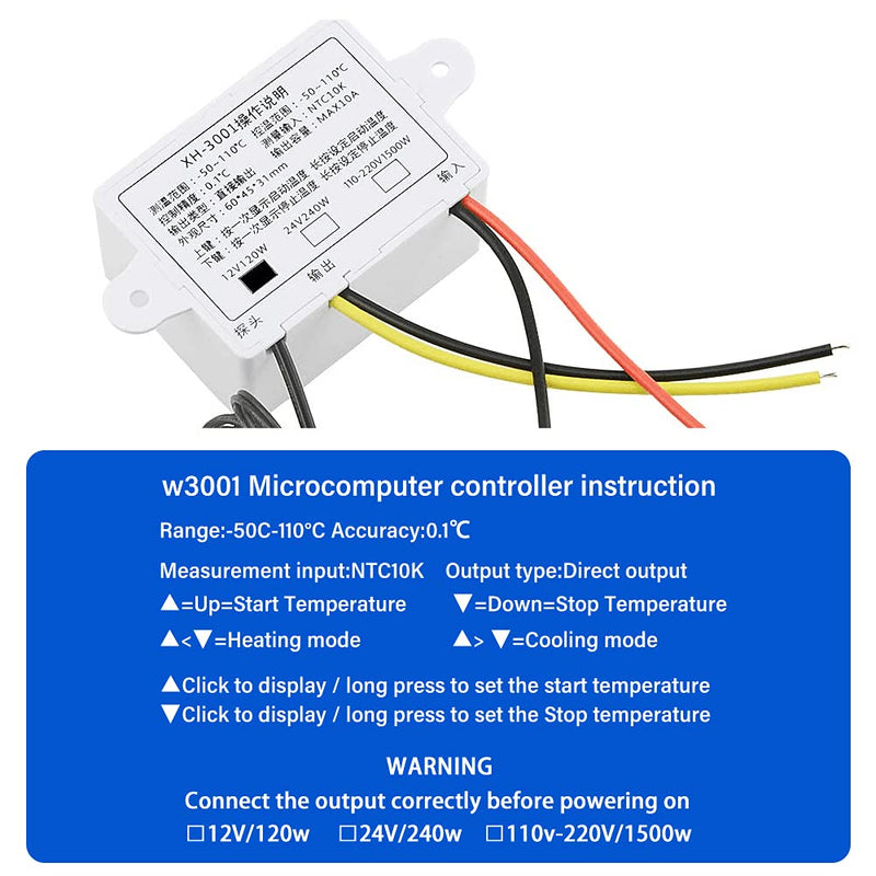 [Australia - AusPower] - XINGYHENG XH-W3001 DC 12V 10A Microcomputer Digital Temperature Controller Digital Display Thermostat Control Switch and NTC 10K Thermistor Sensors Digital Temperature Probe (12V 120W) 