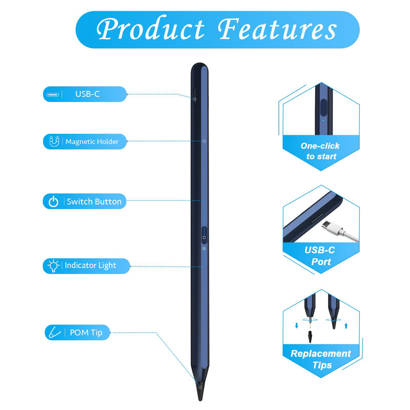 [Australia - AusPower] - Stylus Pen for ipad 9th/8th/7th/6th Generation 2018-2022, Active Pencil Compatible with iPad Mini 6th/5th Gen, iPad Pro (11/12.9 Inch), iPad Air 3rd/4th/5th Gen, Palm Rejection and Magnetic Design Blue 