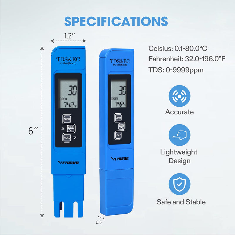 [Australia - AusPower] - VIVOSUN TDS Tester 3-in-1 TDS EC & Temperature Meter Ultrahigh Accuracy Digital Water Quality TDS Tester (Blue) 