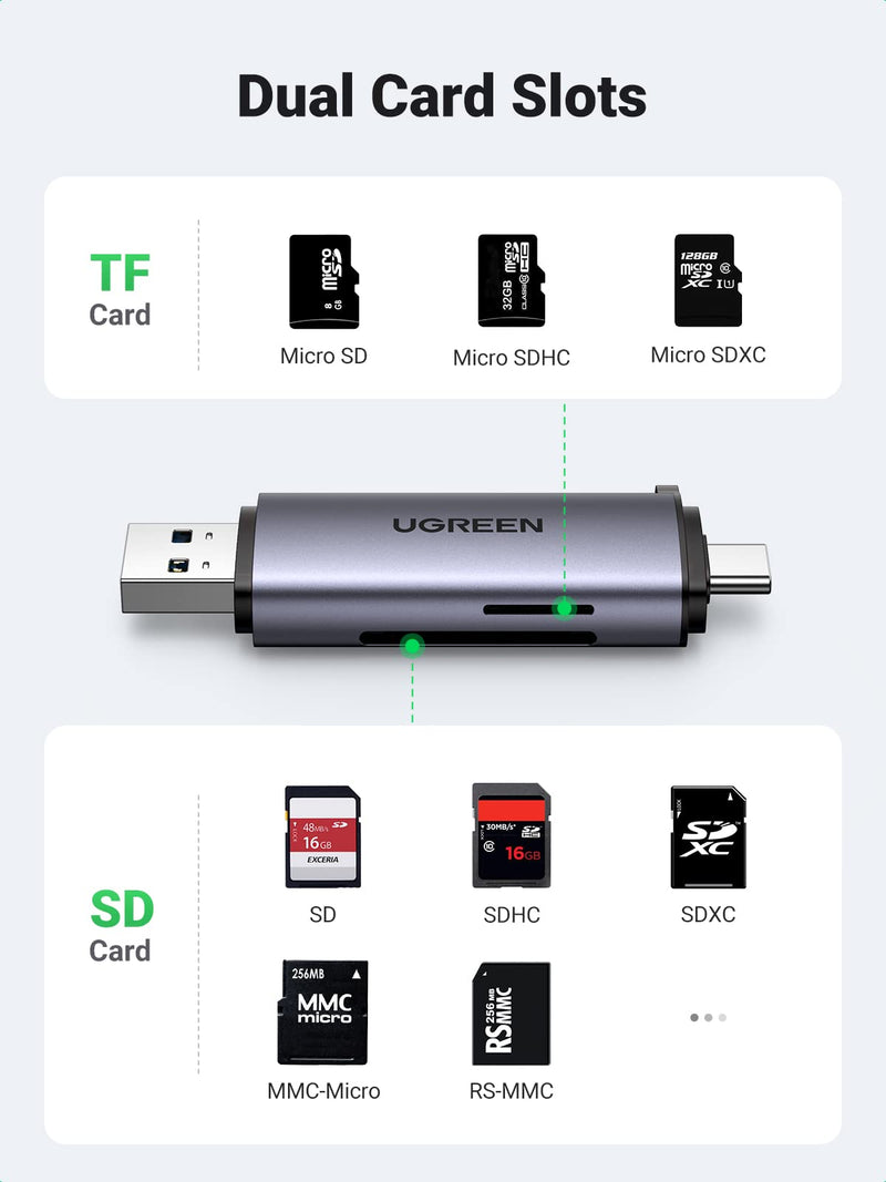 [Australia - AusPower] - UGREEN USB C SD Card Reader Memory Card Reader USB 3.0 Micro SD Adapter for TF SD Micro SD SDXC SDHC MMC RS-MMC Micro SDXC Micro SDHC UHS-I Compatible with Samsung Galaxy S21 S22 MacBook Pro iPad Pro 