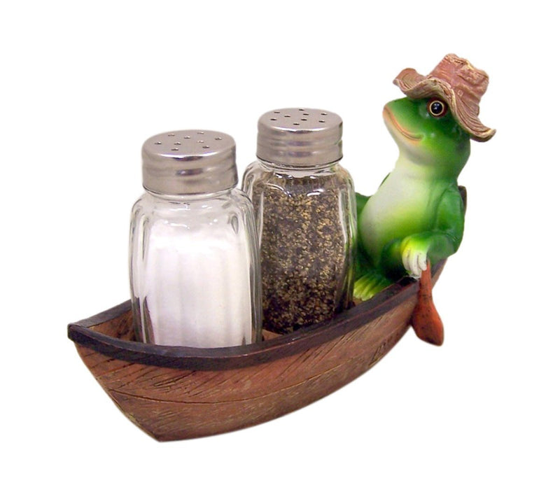 [Australia - AusPower] - Croak Creek Canoe Resin Frog in Canoe Figurine with Glass Salt and Pepper Shaker Set Holder, 7 Inch 