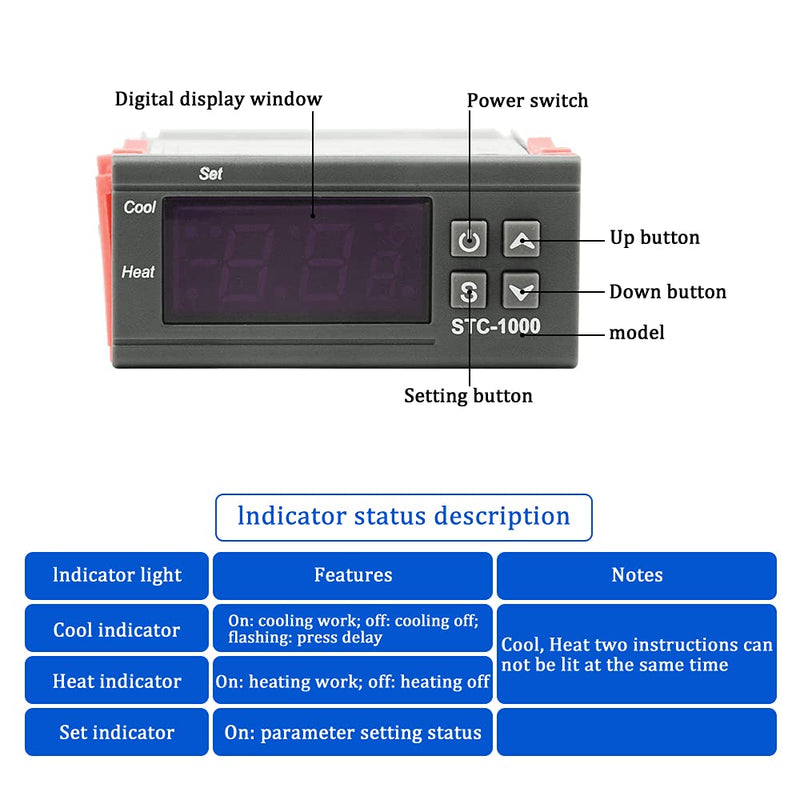 [Australia - AusPower] - XINGYHENG STC-1000 DC 110V-220V 10A Microcomputer Digital Display Temperature Controller Thermostat Control Switch 2 Relay Output Cooling Heating  and NTC 10K Thermistor Sensors Temperature Probe 
