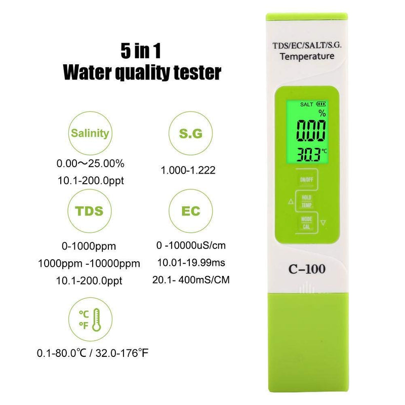 [Australia - AusPower] - Fdit 5 in 1Portable Salinity/Temperature/TDS/EC Digital Seawater Quality Tester for Pools, Aquariums & Saltwater 