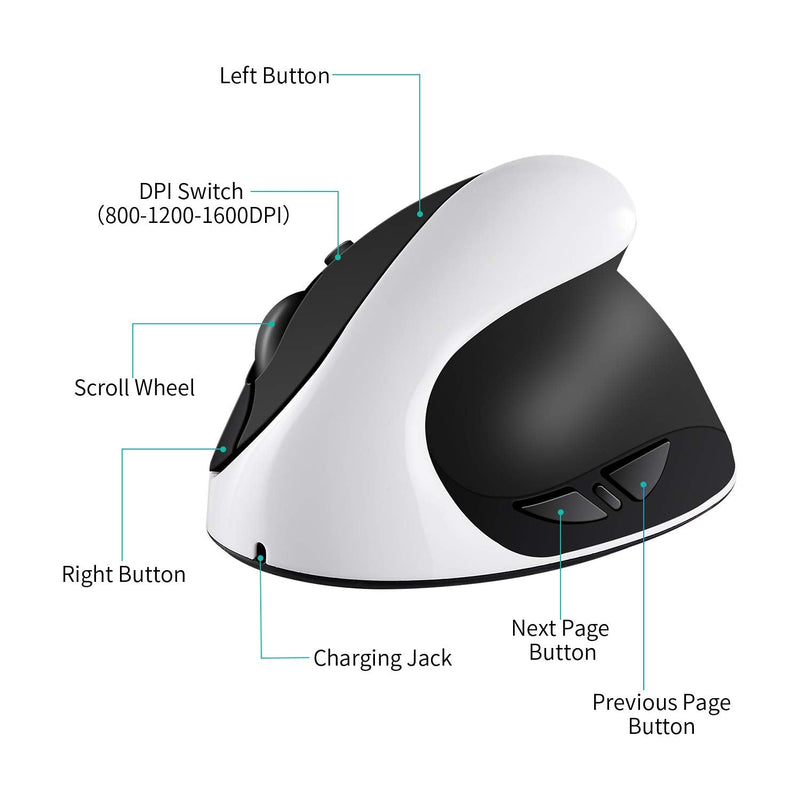 [Australia - AusPower] - Vertical Mouse, AURTEC Rechargeable 2.4G Wireless Ergonomic Mice with USB Receiver, 6 Buttons and 3 Adjustable DPI 800/1200/1600, White 