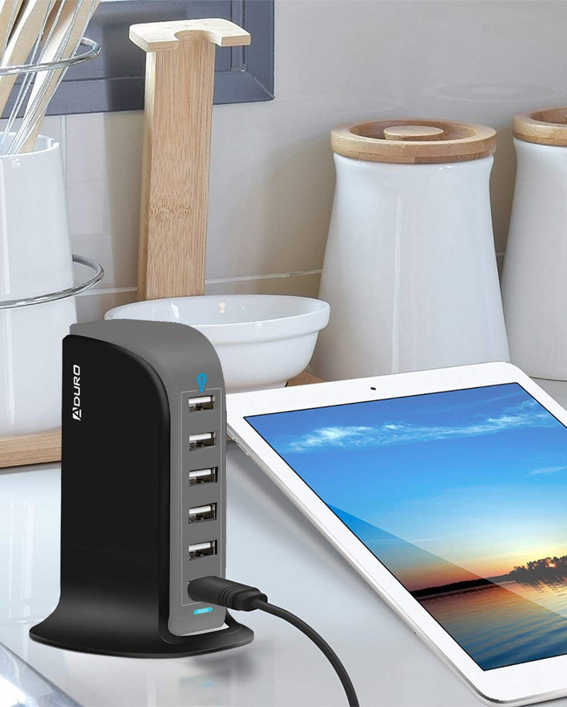 [Australia - AusPower] - Aduro 40W 6-Port USB Desktop Charging Station Hub Wall Charger for iPhone iPad Tablets Smartphones with Smart Flow (Black/Grey) Black/Grey 