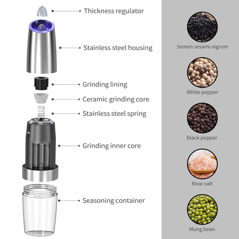 [Australia - AusPower] - Electric Gravity Pepper Grinder set of 2, Automatic Salt and Pepper Mill Grinder, Adjustable Roughness, Battery Powered, Blue LED Light, Stainless Steel with One Hand Operation (Sliver 2 pack) Silver 2X 