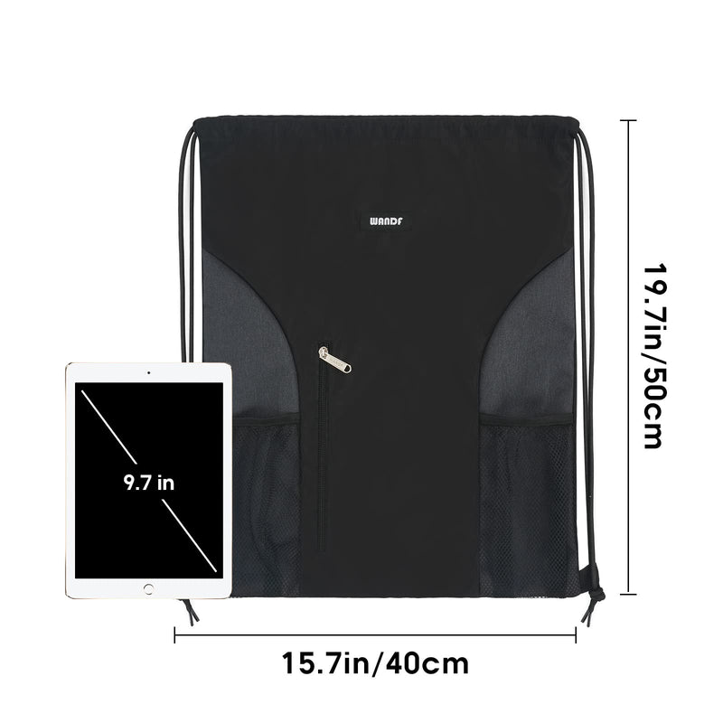 [Australia - AusPower] - WANDF Drawstring Backpack Sports Gym Sackpack with Mesh Pockets Water Resistant String Bag for Women Men Children Black 