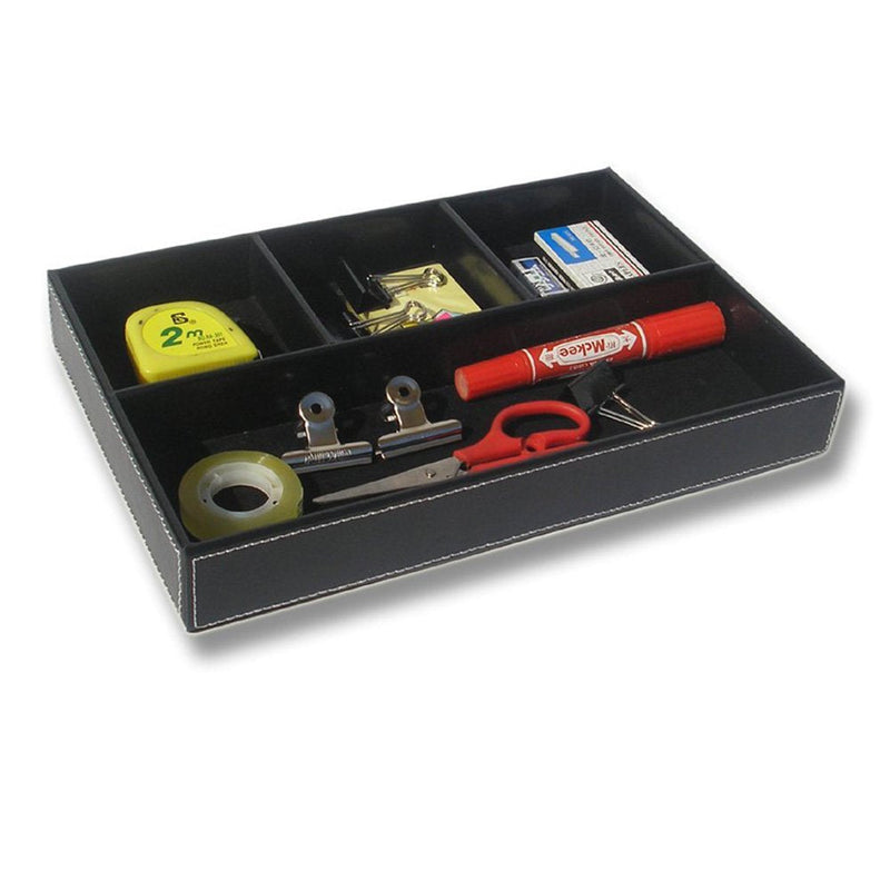 [Australia - AusPower] - KINGFOM 4-Compartment Leather Drawer Tray Desk Stationery Sundries Gadget Organizer Storage Box Pen Pencil Holder Container Black 