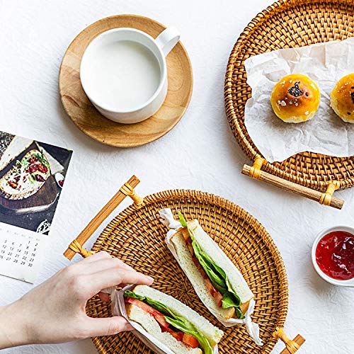 [Australia - AusPower] - Hand-Made Round Rattan Tray with Handle, Food Basket, Basket, Perfect for displaying Bread, Coffee Breakfast or Fruit (9.4x1.4in) 28cm-teays 