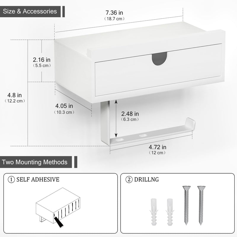 [Australia - AusPower] - Domax White Toilet Paper Holder with Shelf - Wall Mount/Adhesive Bathroom Toilet Paper Holder with Storage Drawer for Organizer Tampon or Small Items Bamboo Wood Tissue Toilet Paper Roll Holder, Small 
