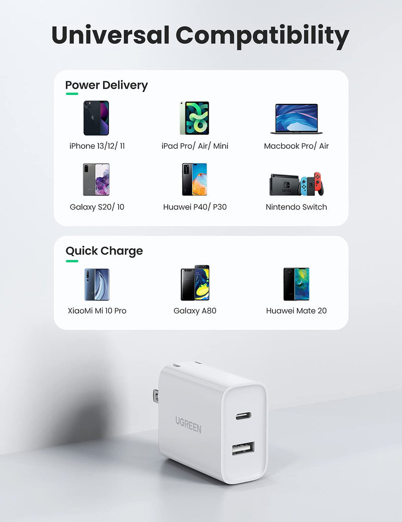[Australia - AusPower] - UGREEN 30W USB C Wall Charger - 2 Port Fast Charger with 18W USB-C Power Adapter Foldable Plug Compatible for iPhone 13/13 Mini/13 Pro Max/12/12 Pro Max, iPad Mini/Pro, Pixel, Galaxy, Airpods Pro 