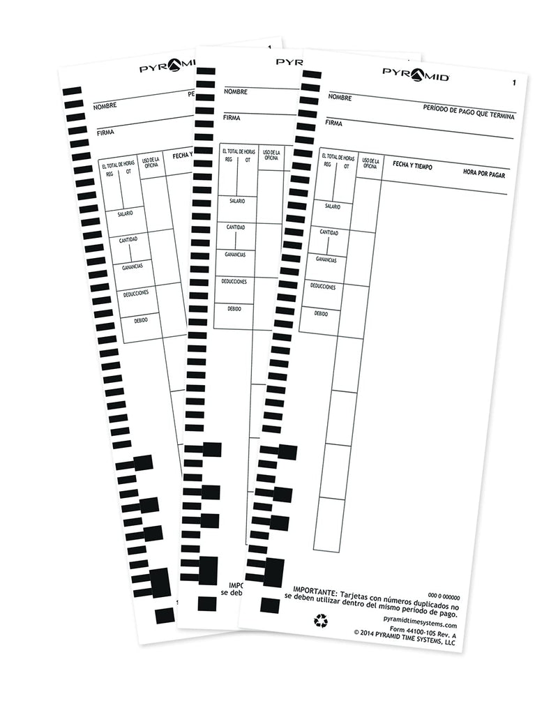 [Australia - AusPower] - Pyramid Time Systems, 44100-10S, Spanish Time Cards for 4000, 4000HD, 4000Pro, 4000ProK, 5000 & 5000HD Series Clocks, 100 Pack 100 pk 