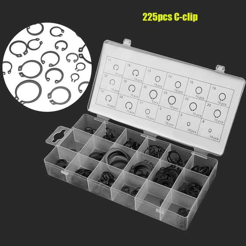 [Australia - AusPower] - 225pcs Industrial Snap Kit Clip Ring Shop Assortment Box Set 18 Sizes for Internal & External Snap 