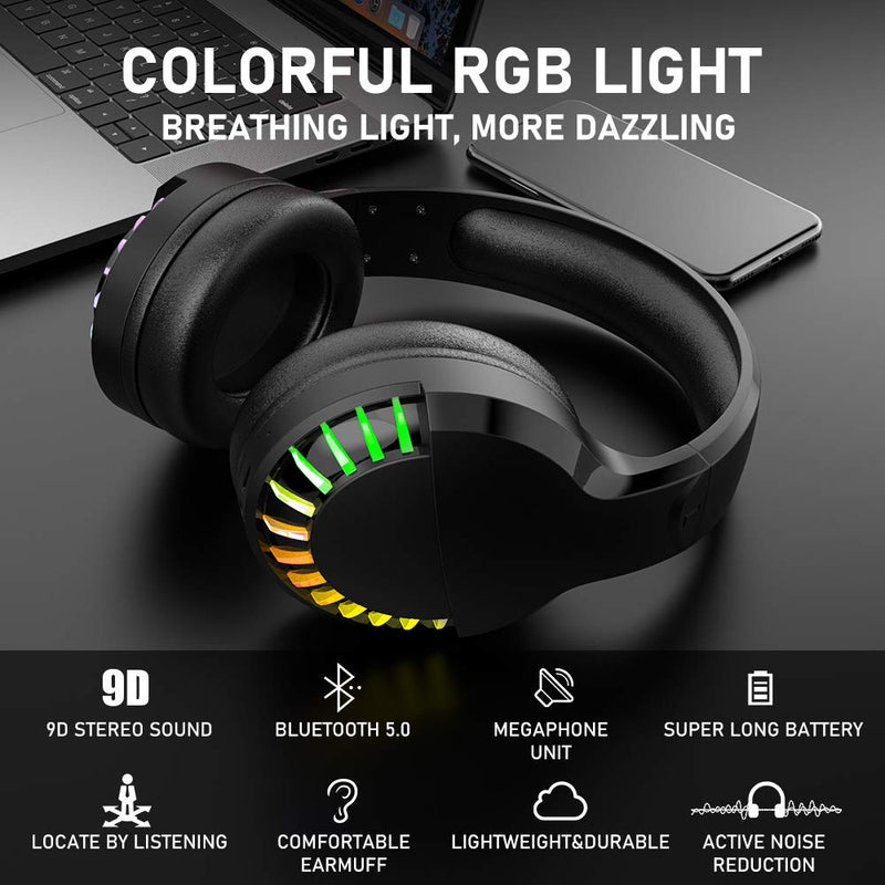 [Australia - AusPower] - Wireless Bluetooth Headphone with Noise Cancellation HiFi Stereo Sound Mic Deep Bass Protein Earpad Rainbow RGB Backlight Rechageable Over Ear Headset for PC Mac Game Travel Class Home Office(Black) Black 