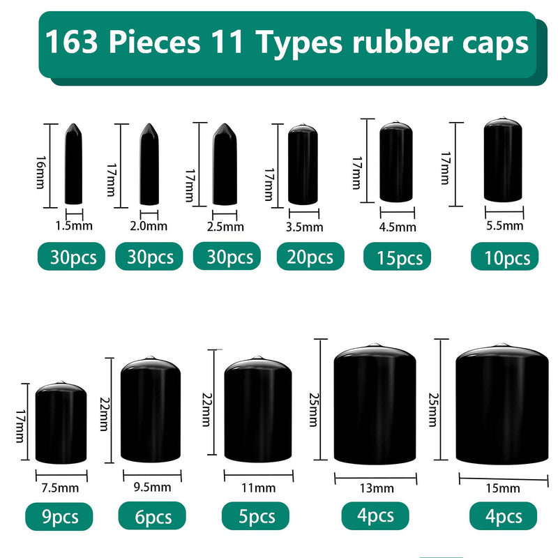 [Australia - AusPower] - Tworider 163 Pieces 11 Types Rubber End Caps,Bolt Covers Caps,Screw Cap Covers,Rubber Caps for Bolts(1.5mm to 15mm) 