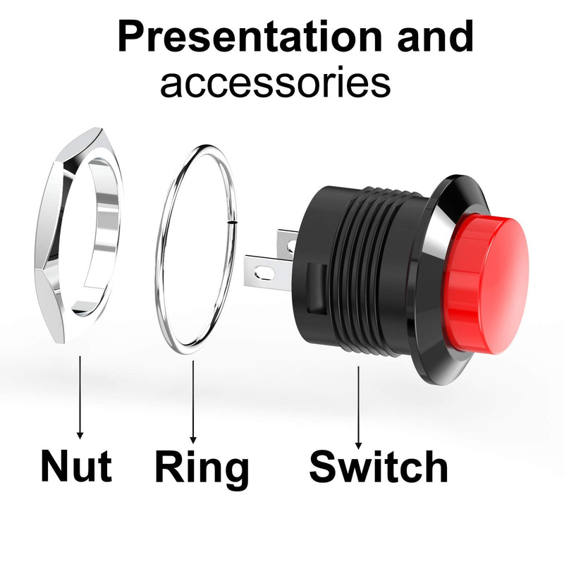 [Australia - AusPower] - DIYhz Momentary Push Button Switch Mini No Lock Round Switch AC 250V / 3A AC 125V /6A Off-ON Red & Black Cap (10 pcs) 