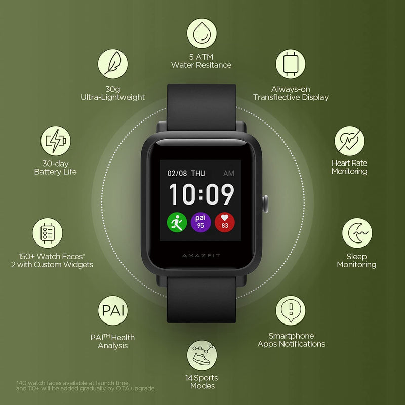 [Australia - AusPower] - Amazfit Bip S Lite Smart Watch Fitness Tracker for Men, 30 Days Battery Life, 1.28”Always-on Display, 14 Sports Modes, Heart Rate & Sleep Monitor, 5 ATM Waterproof, for Android Phone iPhone(Black) Charcoal Black 