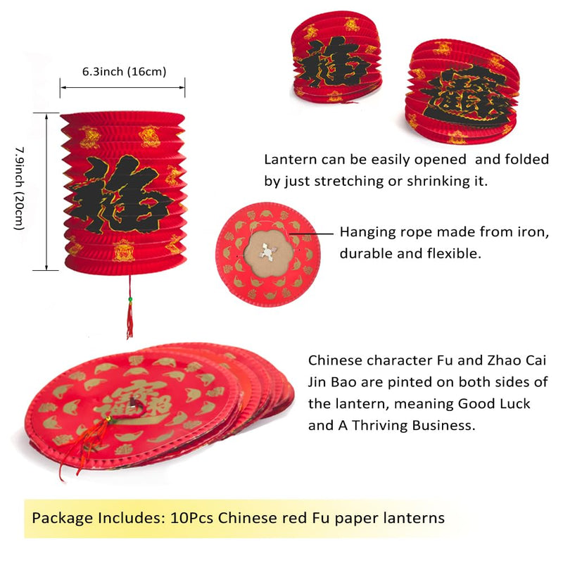 [Australia - AusPower] - Aiminjey 10PCS 2024 Chinese Lunar New Year Red Lucky Fu Paper Lanterns Decoration, 6.3inch Hanging Asia Red Paper Lamps for Midddle Autumn Festival Party, Birthday Wedding Lanterns Decor Kit 