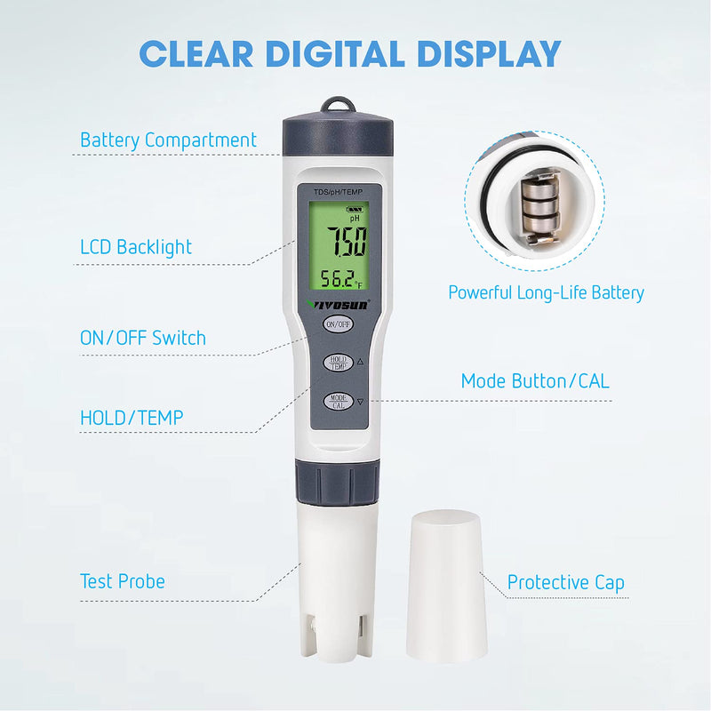 [Australia - AusPower] - VIVOSUN 3-in-1 Digital pH Meter with ATC, ±0.1 pH Accuracy Water Quality Tester, 0-14.0 pH Measurement Range for Hydroponics, Household Drinking, Pool and Aquarium Gray 