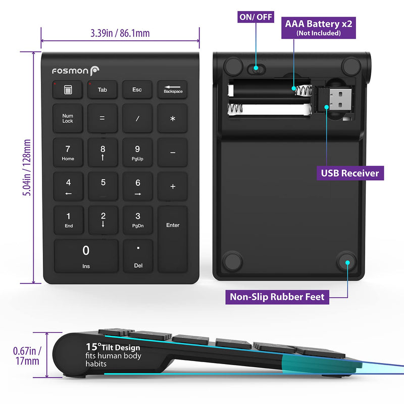 [Australia - AusPower] - Fosmon 22 Key Numeric Keypad, Wireless USB Adapter 2.4GHz Numpad, Ten Keys Shortcut Function & Hotkey, Up to 33FT Device Distance, Compatible with USB Port Laptop, PC, Desktop, Surface Pro, Notebook 