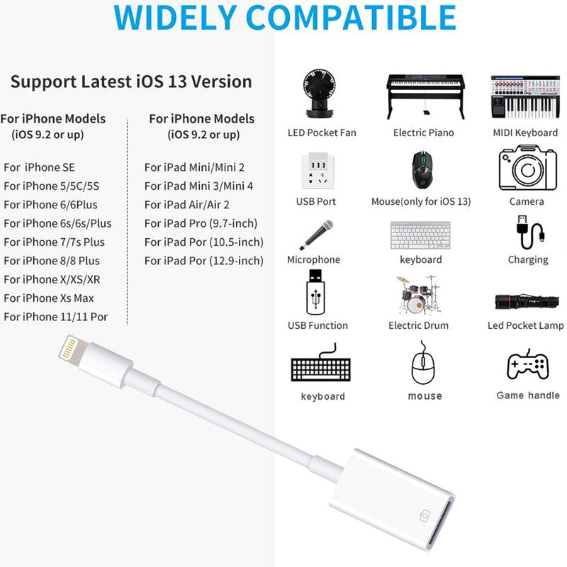 [Australia - AusPower] - Apple Lightning USB Camera Adapter - iPhone Adapter USB 3.0 OTG Cable Portable USB Flash Drive Compatible iPhone 13 12 11 X 8 7-All IOS,Plug&Play 